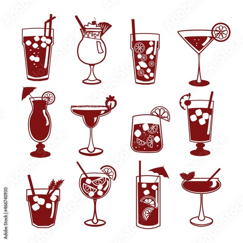 Set of alcoholic cocktails Pina colada, aperol shpritz, margarita, mojito, blue lagoon, long island, bloody mary, cosmopolitan, daiquiri, tequila sunrise, gin tonic Simple vector illustration