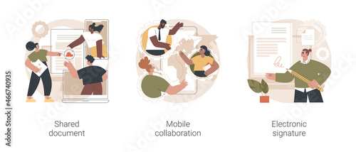 Collaborative document abstract concept vector illustration set. Shared document, mobile collaboration, electronic signature, public folder access, editing online, cloud service abstract metaphor.