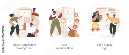 Frontend software abstract concept vector illustration set. Mobile application development, app monetization, high quality sign, UI and UX design, startup launch, ISO certification abstract metaphor.