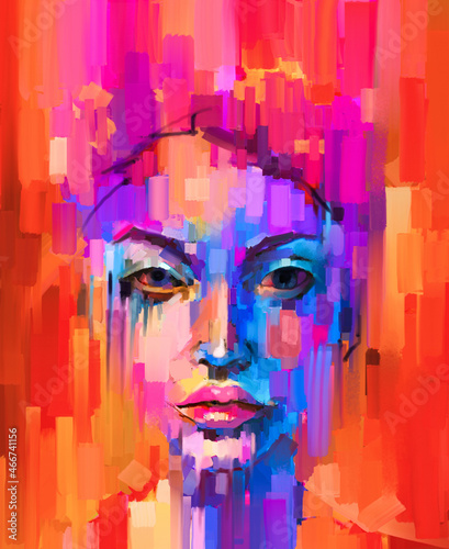 Fototapeta Naklejka Na Ścianę i Meble -  Oil or acrylic paint on canvas texture. Abstract color portrait of young woman. Modern art, oil painting colorful female face. Illustration artwork paint design for background, Impressionism style