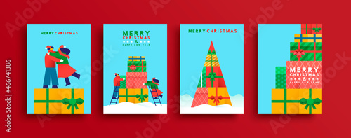 Christmas New Year people hug pine tree card set
