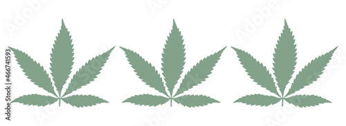 Flat simple banner design of three consecutive cannabis indica leaves in bule-green color against a white background, narrow hero or poster image of the iconic marijuana leaf with 5 serrated leaflets