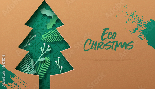 Vászonkép Eco christmas green paper cut pine tree template