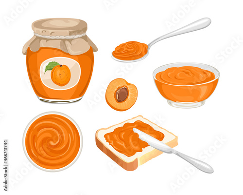 Apricot jam set. Marmalade spread on piece of toast bread, knife, glass jar with jelly, spoon, bowl and fresh fruit isolated on white background. Vector food illustration in cartoon flat style.