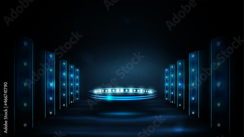 Digital ring and columns with lights. Shine blue neon podium in shape of ring in room with digital columns, scene from the future