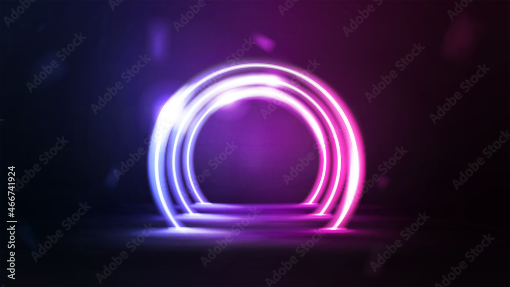 Tunnel of neon pink and blue round frames in dark scene Tunnel of neon pink and blue round frames in dark scene