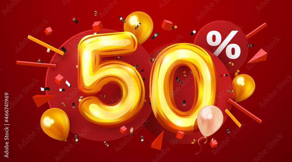Obraz premium 50 percent Off. Discount creative composition. 3d golden sale symbol with decorative balloons and confetti. Sale banner and poster.