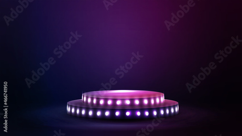 Empty podium with bulbs in empty purple scene