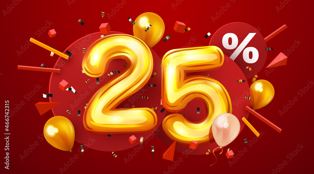 25 percent Off. Discount creative composition. 3d golden sale symbol ...