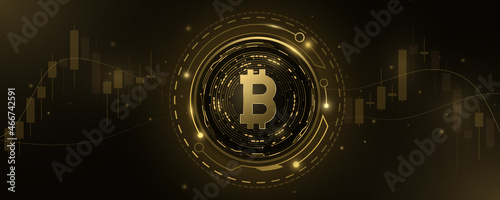 Golden Bitcoin cryptocurrency with HUD and candlestick pattern. Digital coin BTC for business banner. Technology concept. Blockchain for graphic design. Vector
