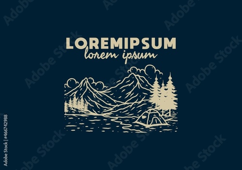Line art illustration drawing of mountain lake camping