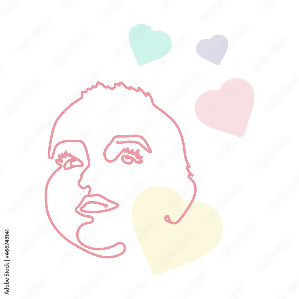 Face line art 1. Baby in pastel colors with a heart. Girl