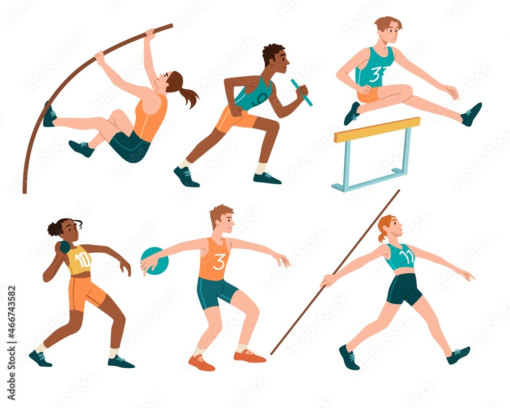 Sport of athletics Set. Men and women run marathon, jump over obstacles ...