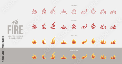 Huge vector collection of line art and flat style fire vector icons. Burning flame clip art set. Energy power symbol