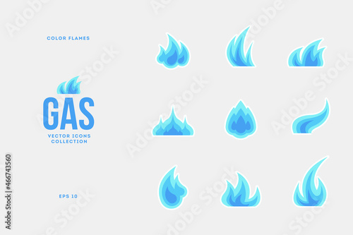 Vector set of isolated natural gas flames. Blue burning gas icons, flat style industry clipart collection.