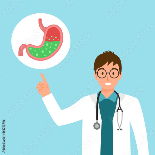 Stomach acid reflux concept vector illustration. Human stomach with gastric acid with doctor in flat design. Stomachache diagnosis. Digestion problem.