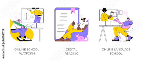Online education abstract concept vector illustration set. Online school platform, digital reading, language school, homeschooling, education platform, recorded video classes abstract metaphor.