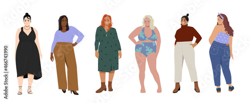Set of big chubby women with pretty plus size bodies. Female characters with curvy shapes in casual clothes. Sexy girls love themselves. Cartoon flat vector collection isolated on white background