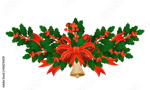 Christmas holly decoration garland with red satin bow, ribbons, berries, gold bell, isolated on white. Vector christmas holly border decoration element for design banner, invitation, card
