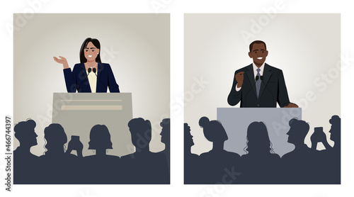 Set of confident speakers behind podium. Public speech by leader, celebrity or entrepreneur. Man and woman speak in front of audience. Cartoon flat vector collection isolated on white background photo