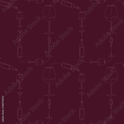 Seamless pattern with wine theme. Red background. Wineglass, bottle and corkscrew. Minimalistic graphics. Abstract one line drawing. Continuous line.