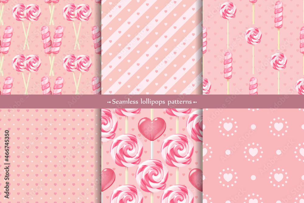 Festive vector realistic striped twisted lollipops seamless patterns set. Collection of pink backgrounds with three-dimensional spiral colorful glossy candies on sticks and hearts for valentine's day