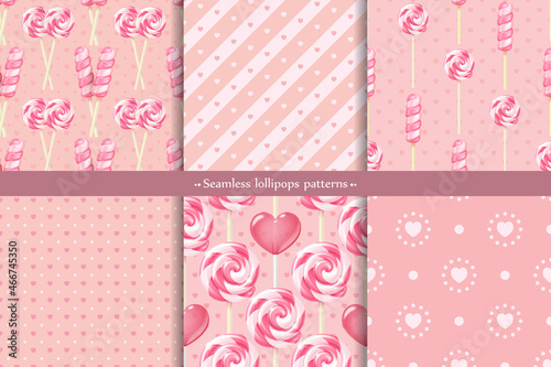 Festive vector realistic striped twisted lollipops seamless patterns set. Collection of pink backgrounds with three-dimensional spiral colorful glossy candies on sticks and hearts for valentine's day
