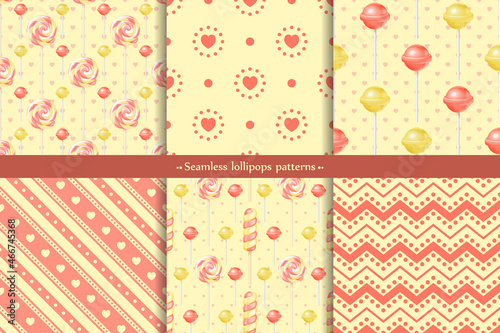 Festive vector realistic striped twisted lollipops seamless patterns set. Collection of yellow backgrounds with three-dimensional spiral and round colorful glossy candies on sticks and hearts