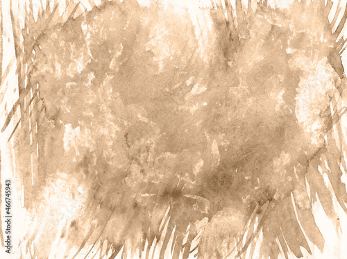 Abstract artwork texture background watercolor on paper. Chaotic brush strokes, coffee and sepia colours on white. Wedding invitation, postcards, greeting cards template. Brown ink flows