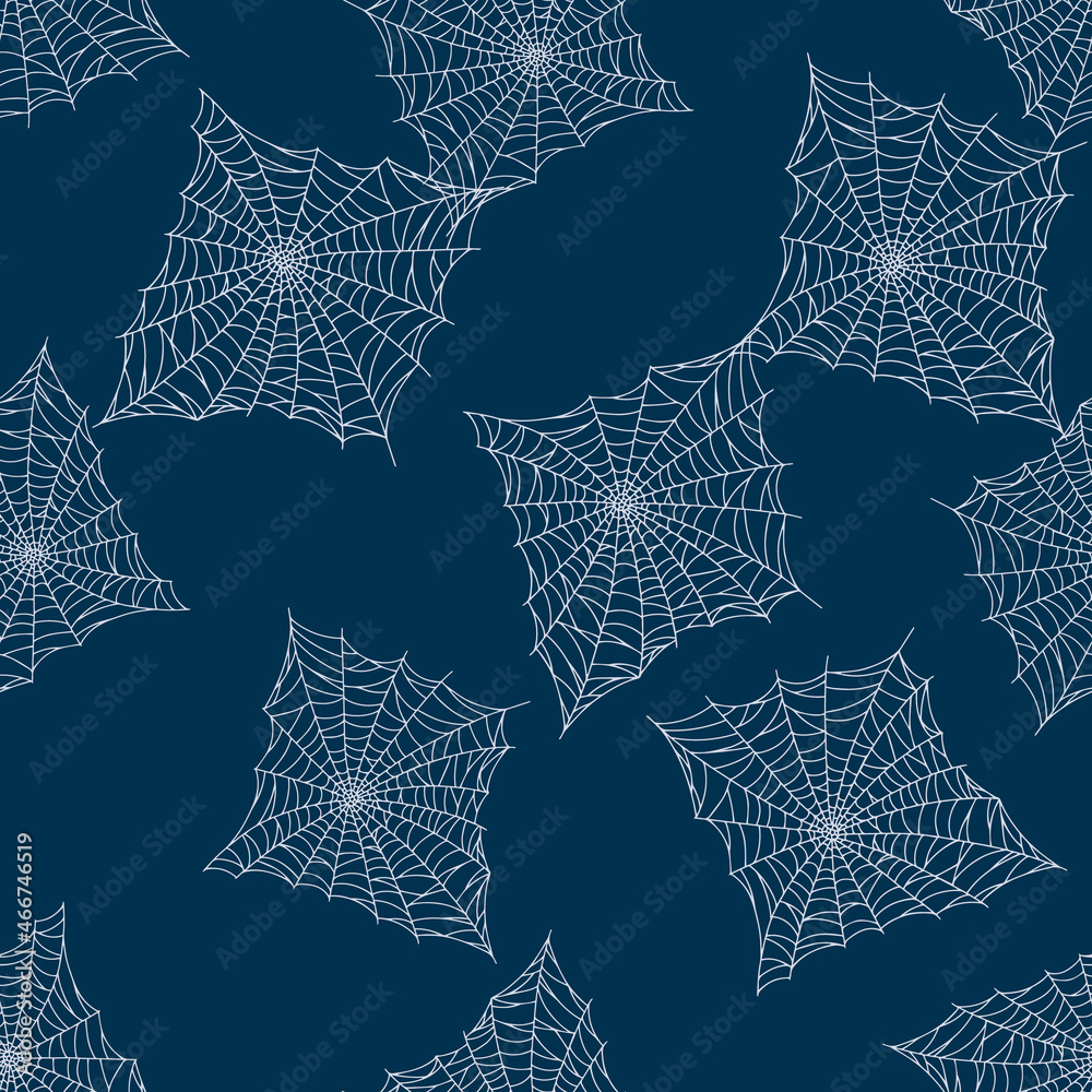 Seamless pattern spider web isolated on blue background. Outline spooky cobwebs template for fabric.