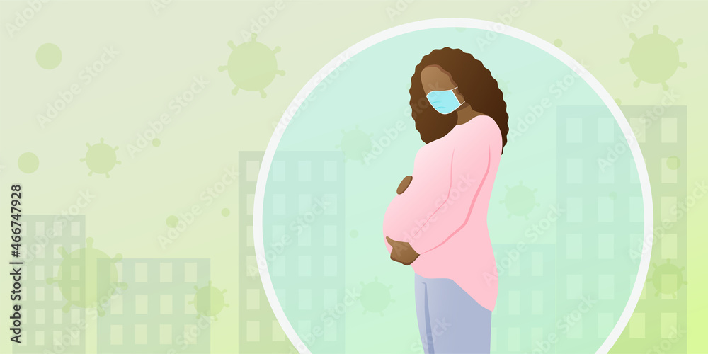 A pregnant African-American woman in a medical mask, protection from viruses and air pollution. A pregnant African-American woman in a medical mask, protection from viruses and air pollution.