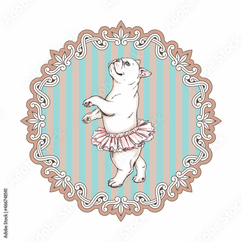 Cute french bulldog ballerina in vintage frame. Dog in ballet tutu. Vector illustration in hand-drawn style. Image for printing on any surface
