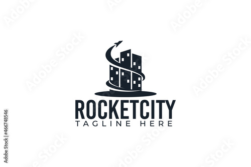 rocket city logo vector graphic with a rocket across cityscape for any business especially for property, real estate, start up, construction, etc.