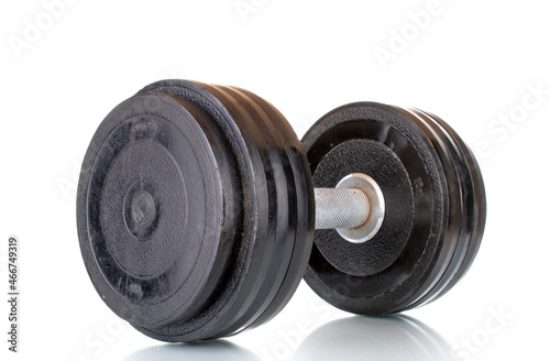 One sports dumbbell, close-up, isolated on white.