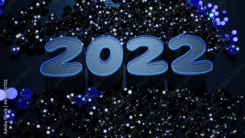 Looped New Year's bg. Numbers 2022 and christmas garland of balls or spheres scattered on plane, which light up blue purple and form a beautiful pattern. 4k Christmas composition with neon light Looped New Year's bg. Numbers 2022 and christmas garland of balls or spheres scattered on plane, which light up blue purple and form a beautiful pattern. 4k Christmas composition with neon light