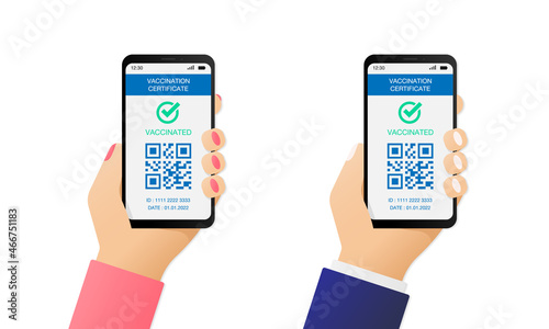 Person holding a phone with QR code as proof of Covid Vaccine. Immunization certificate. Vaccinated passenger. Vector illustration EPS 10