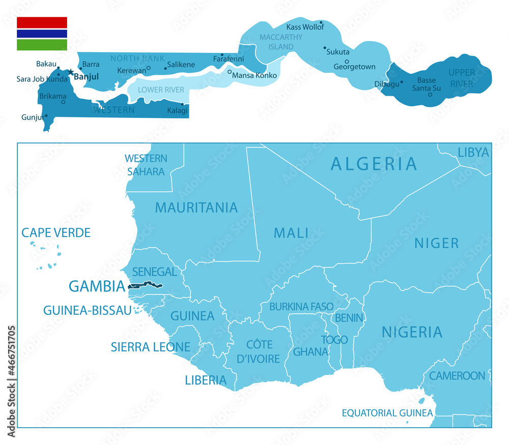 Gambia - highly detailed blue map.