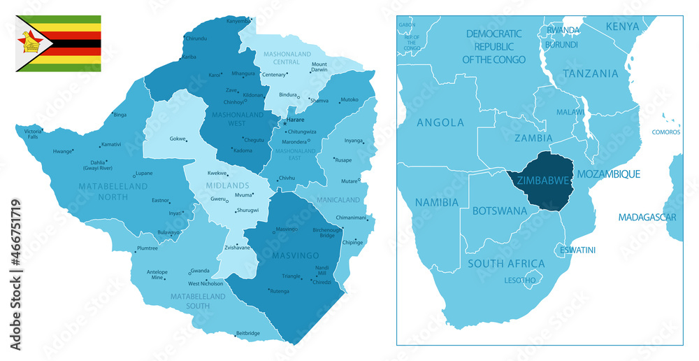 Zimbabwe - highly detailed blue map. - obrazy, fototapety, plakaty 