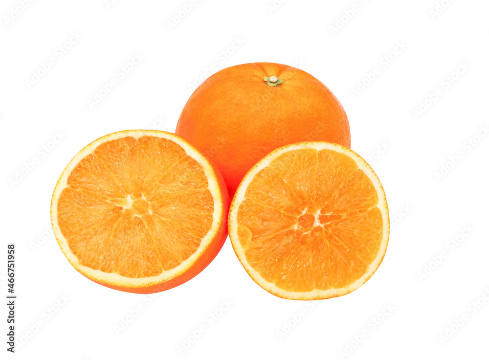 halved orange and green leaves isolated on white background halved orange and green leaves isolated on white background