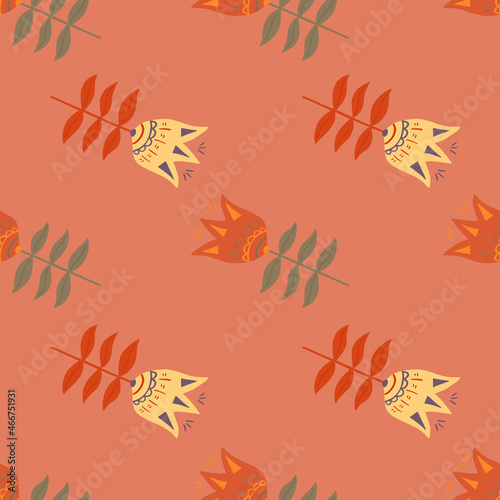 Doodle flower folk art seamless pattern on orange background. Floral nature wallpaper.