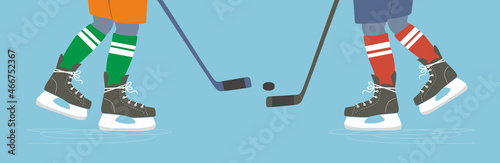 Ice skates. Hockey game, match. Hockey players with sticks and puck.Mans Ice skating on ice rink. Slides. Active lifestyle.Winter sport, active male leisure.Training.Flat vector illustration. Isolated