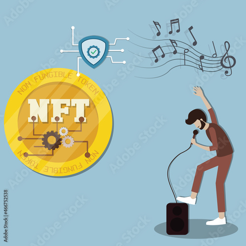 Flat design of digital technology,The singer convert his songs to NFT - vector