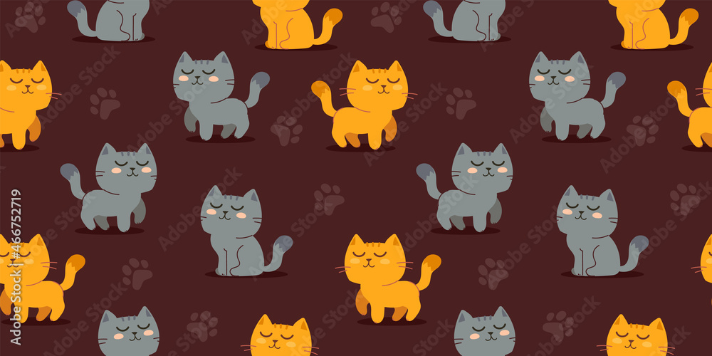 Vector illustration of happy cute cat character on dark color background. Flat line art style design of seamless pattern with red and gray animal cat