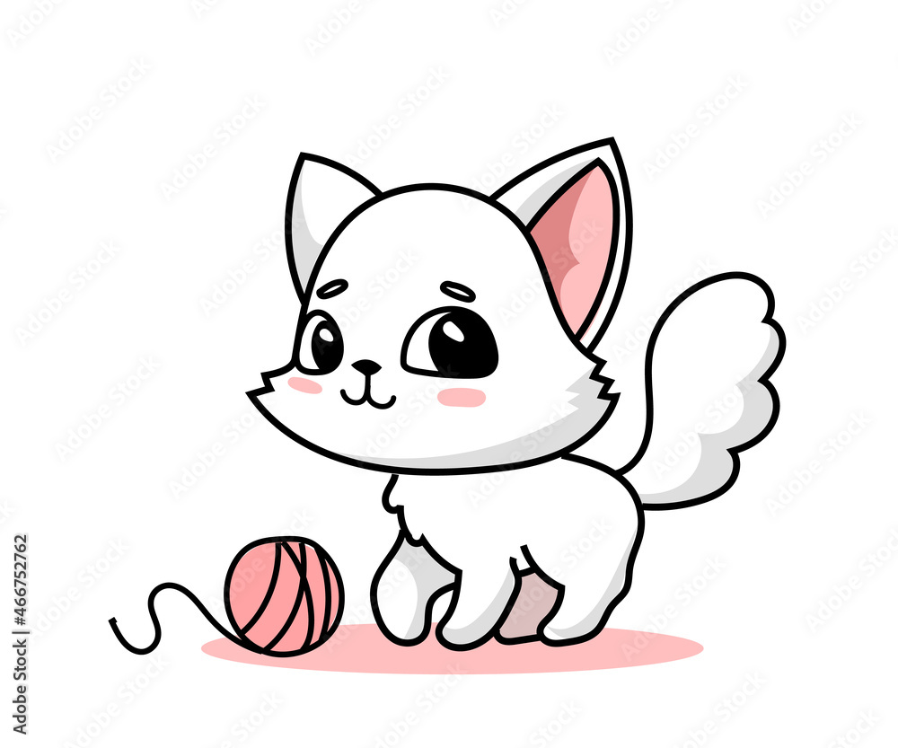 Naklejka premium Vector illustration of happy cute cat character with ball of yarn on white color background. Flat line art style design of animal cat
