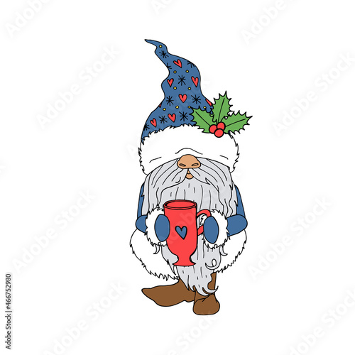 Cute line art cartoon gnome with tea cup. Colorful Christmas character isolated on white background.