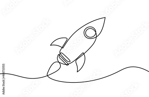 One continuous line drawing of spacecraft. Vector illustration. Rocket space ship launch. Spacecraft one line background.