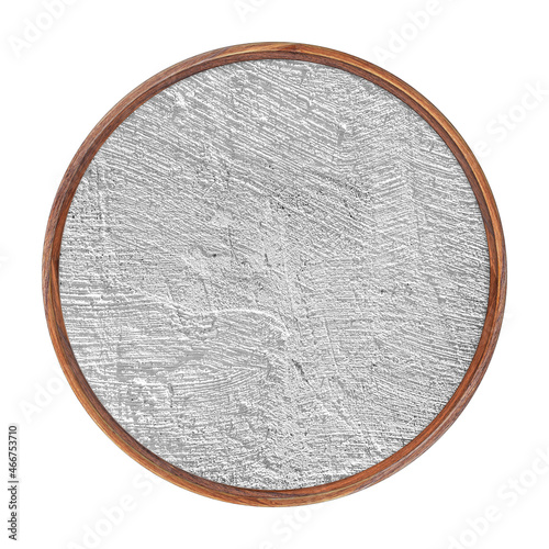 Wooden frame. Empty wooden frame painted with white textured paint isolated on white background. Round frame. Blank frame. Signboard mockup. Old frame.