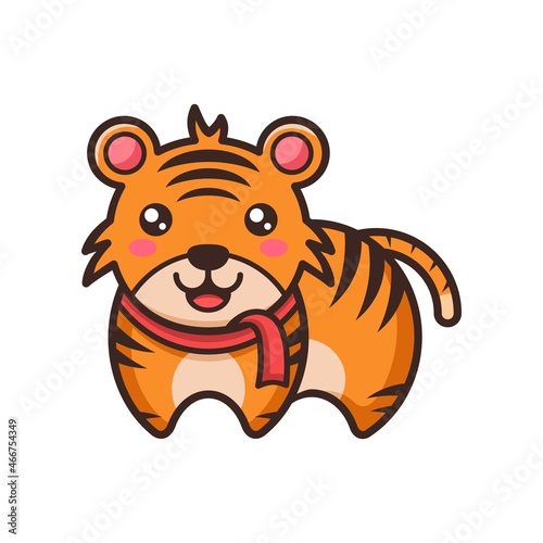 Funny cartoon tiger with red scarf