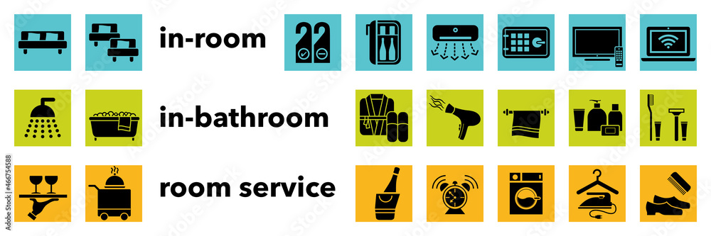 Ensemble de pictogrammes symbolisant les services proposés dans les chambres d’un hôtel.