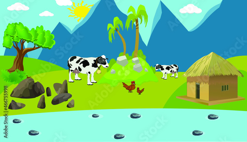 Nature landscape village flat vector with trees  mountains  road  van  clouds  sky  sun  house  cow  hen  lake  rock etc.